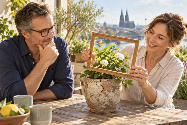 Zwei Menschen betrachten auf einer hellen Terrasse eine Pflanze in einem rissigen Topf; eine Person dreht einen Holzrahmen um den neuen Austrieb.