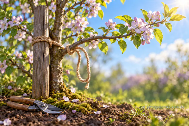 Ein blühender junger Baum steht neben einem Holzpfahl mit einer lockeren Schnurschlinge; darunter liegt eine Gartenschere.