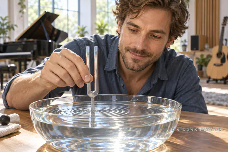 Ein Mann hält eine Stimmgabel in eine Glasschale mit Wasser und beobachtet die konzentrischen Wellen.