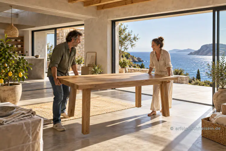 Ein Paar trägt gemeinsam einen Holztisch in ein helles neues Haus mit weitem Blick auf das Meer.