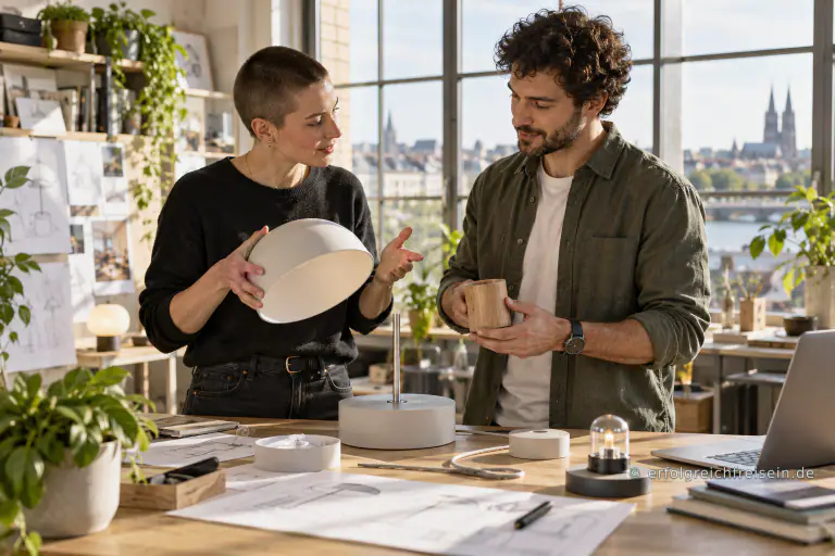 Zwei Geschäftspartner bauen in einem hellen Entwicklungsatelier gemeinsam einen modularen Lampenprototyp und besprechen seine Funktion.