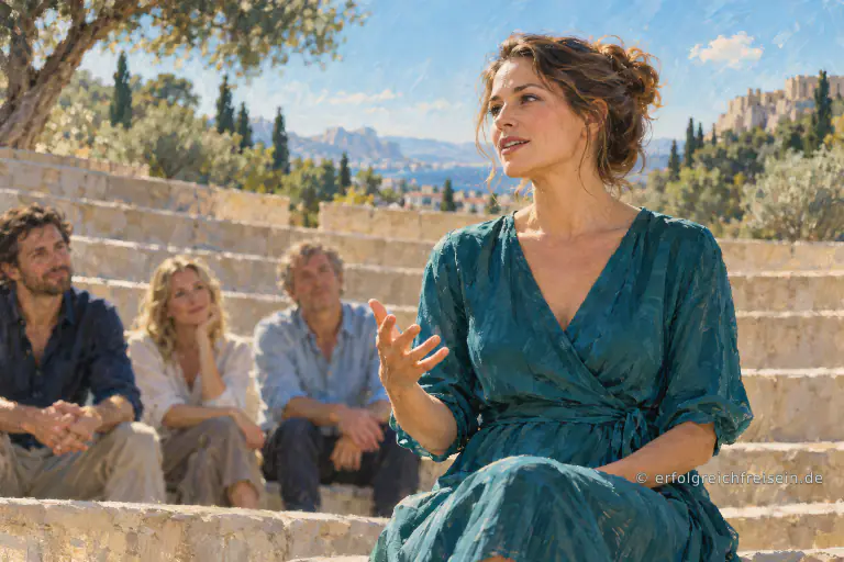 Eine Frau spricht mit einer offenen Handbewegung zu einer kleinen Gruppe in einem sonnigen Amphitheater.