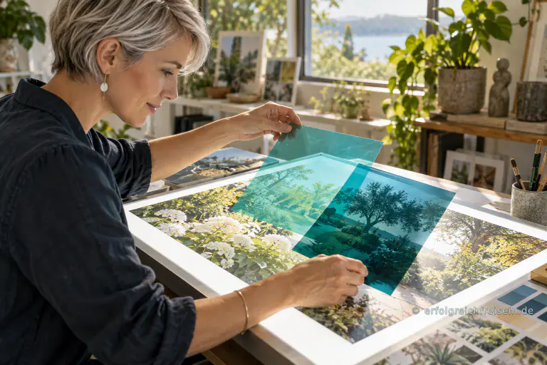 Eine Gestalterin verändert mit transparenten türkisfarbenen Folien die Wirkung eines Gartenbildes auf einem Leuchttisch.