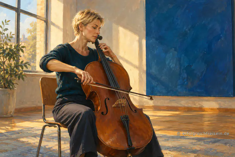 Eine Frau spielt konzentriert Cello in einem sonnigen Proberaum.