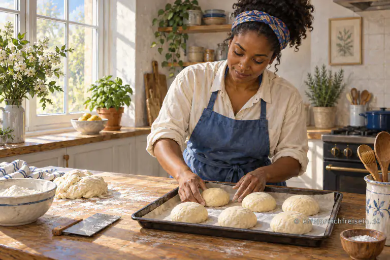 Eine Frau formt in ihrer hellen Küche Brötchen und legt sie sorgfältig auf ein Backblech.