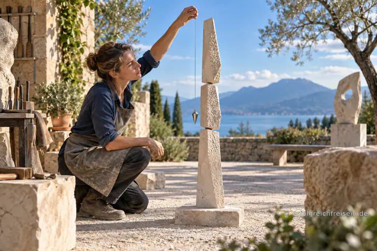 Eine Bildhauerin prüft mit einem Lot die senkrechte Ausrichtung einer schlanken Skulptur aus drei übereinanderstehenden Steinelementen.