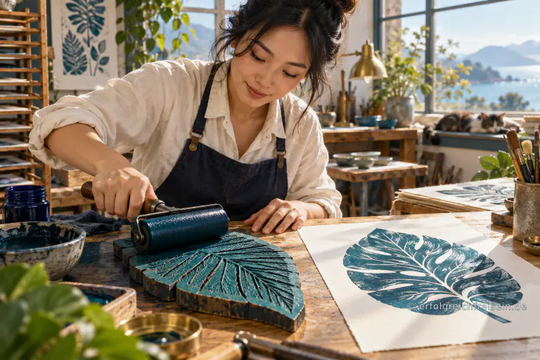 Eine Frau färbt in einem hellen Atelier mit einer Handwalze einen Druckstock mit Blattmotiv ein.