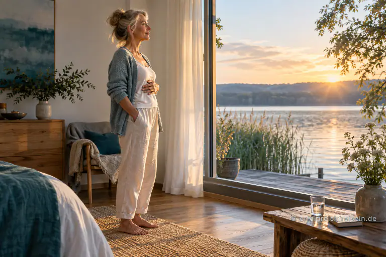 Eine ältere Frau steht barfuß am offenen Fenster eines Hauses am See und legt beim ruhigen Atmen eine Hand auf ihren Bauch.