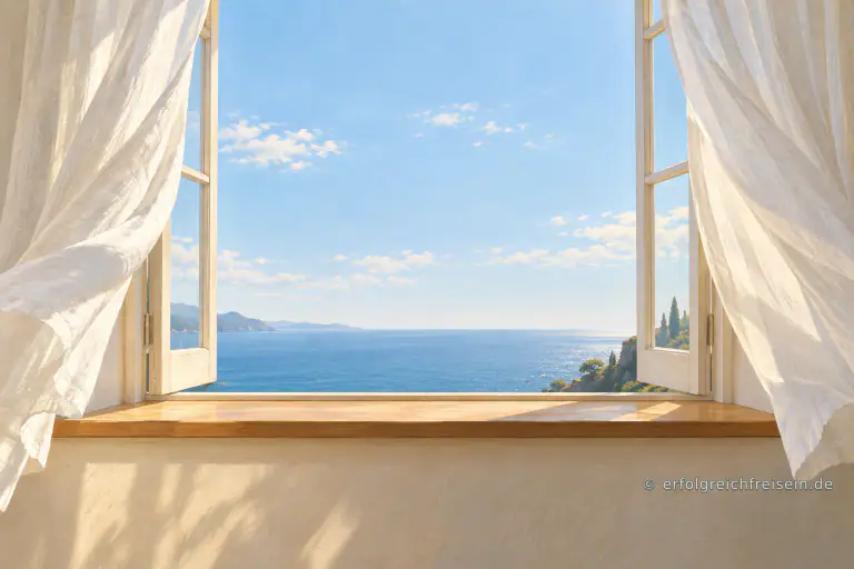 Weiße Vorhänge bewegen sich an einem offenen Fenster über einer leeren Fensterbank mit Meerblick.