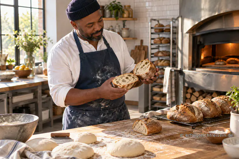 Ein Bäcker prüft die Krume eines aufgeschnittenen Brotlaibs neben Teiglingen und fertig gebackenen Broten.