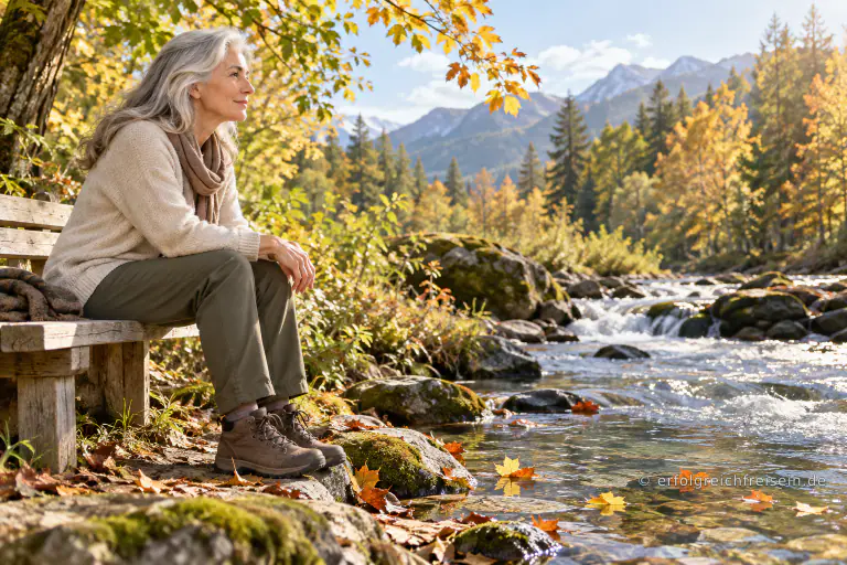 Eine grauhaarige Frau sitzt ruhig auf einer Bank am Bach und beobachtet Blätter, die auf dem klaren Wasser vorbeiziehen.