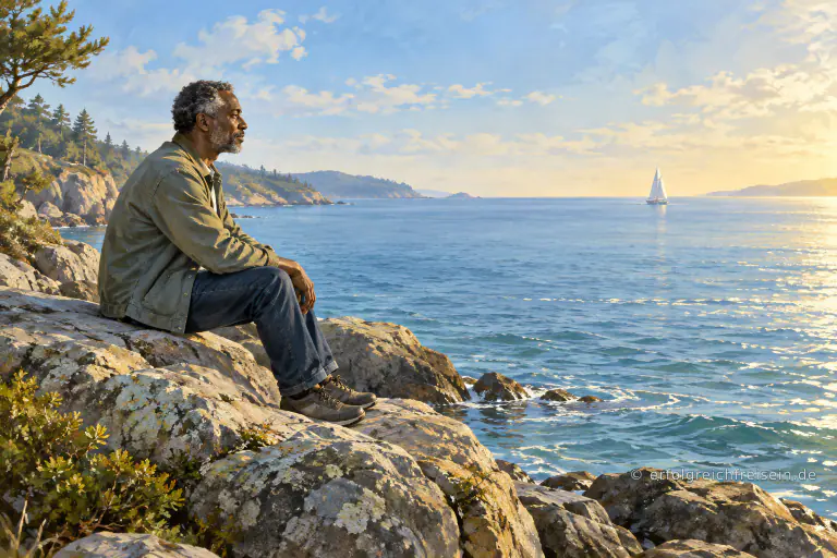 Ein Mann sitzt ruhig auf einem Felsen am Meer und blickt aufmerksam über das stille Wasser.