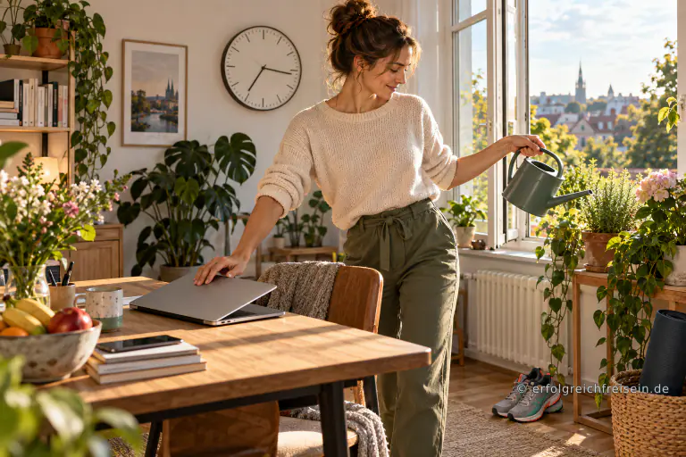 Eine Frau schließt im hellen Arbeitszimmer ihren Laptop und nimmt eine Gießkanne; Schuhe, Obst und eine schlichte Uhr stehen bereit.