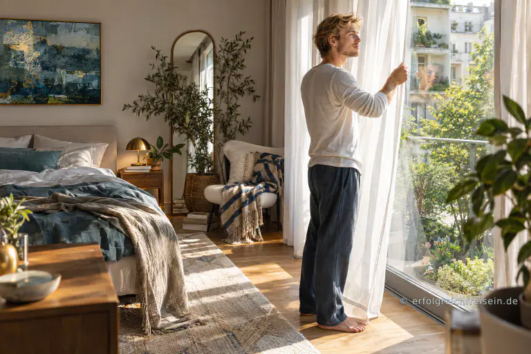 Ein junger Mann zieht in einem sonnigen Schlafzimmer einen Vorhang zur Seite; im Fenster erscheint sein Spiegelbild.
