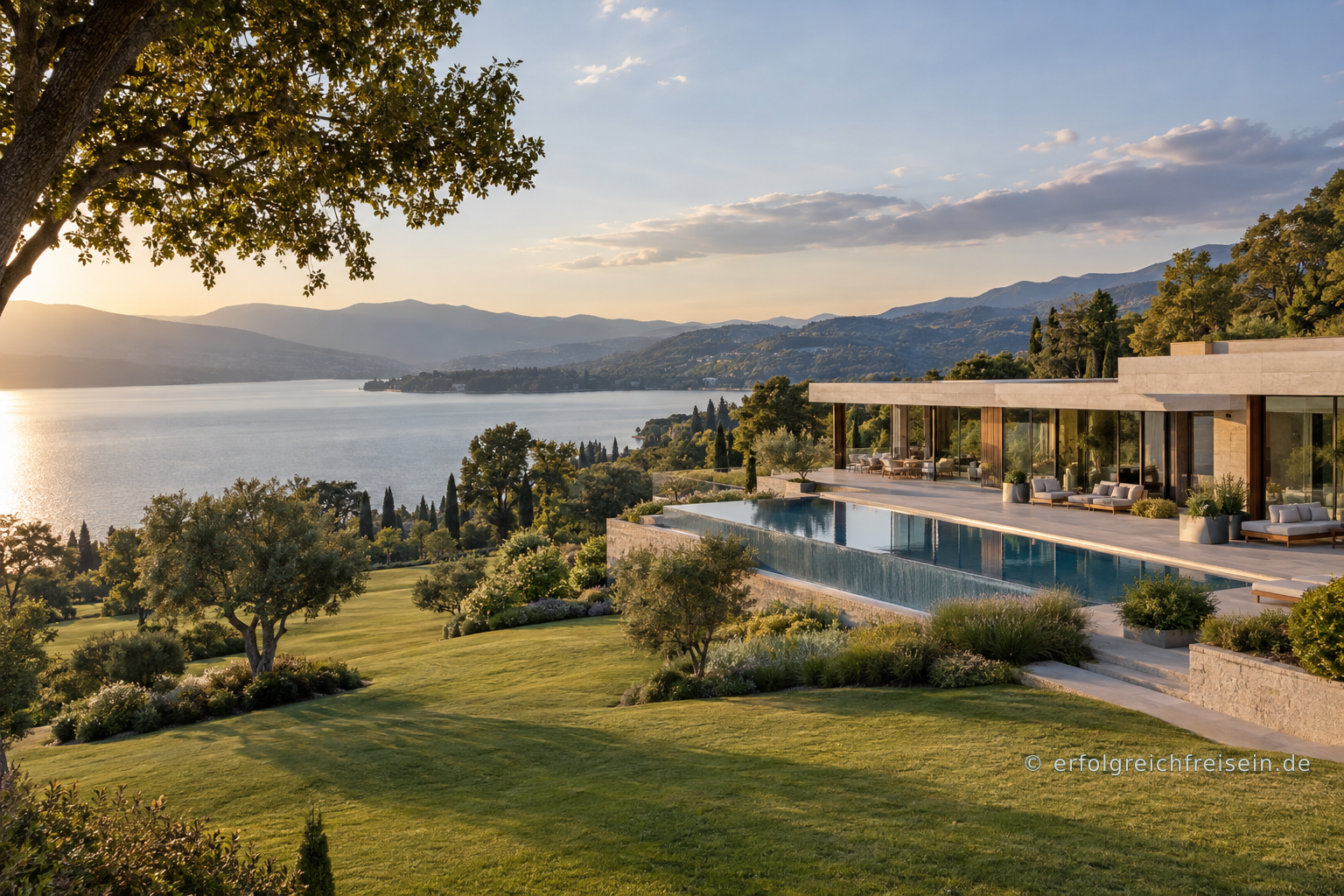 Ein großzügiges modernes Anwesen mit weitläufiger Parklandschaft, Terrassen, Infinity-Pool und freiem Blick über das Wasser.
